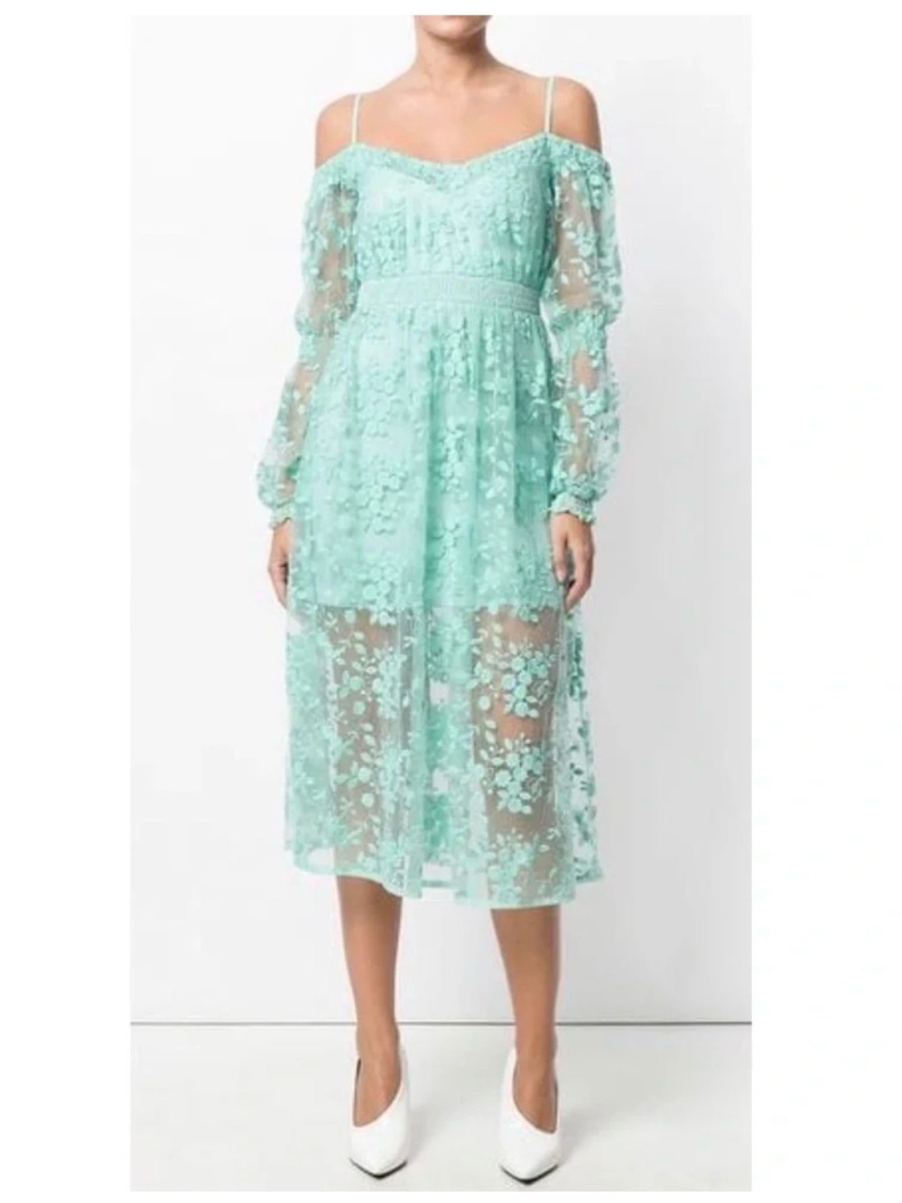 Three Floor Off-Shoulder Floral Lace Midi Dress in Mint - Size US 2